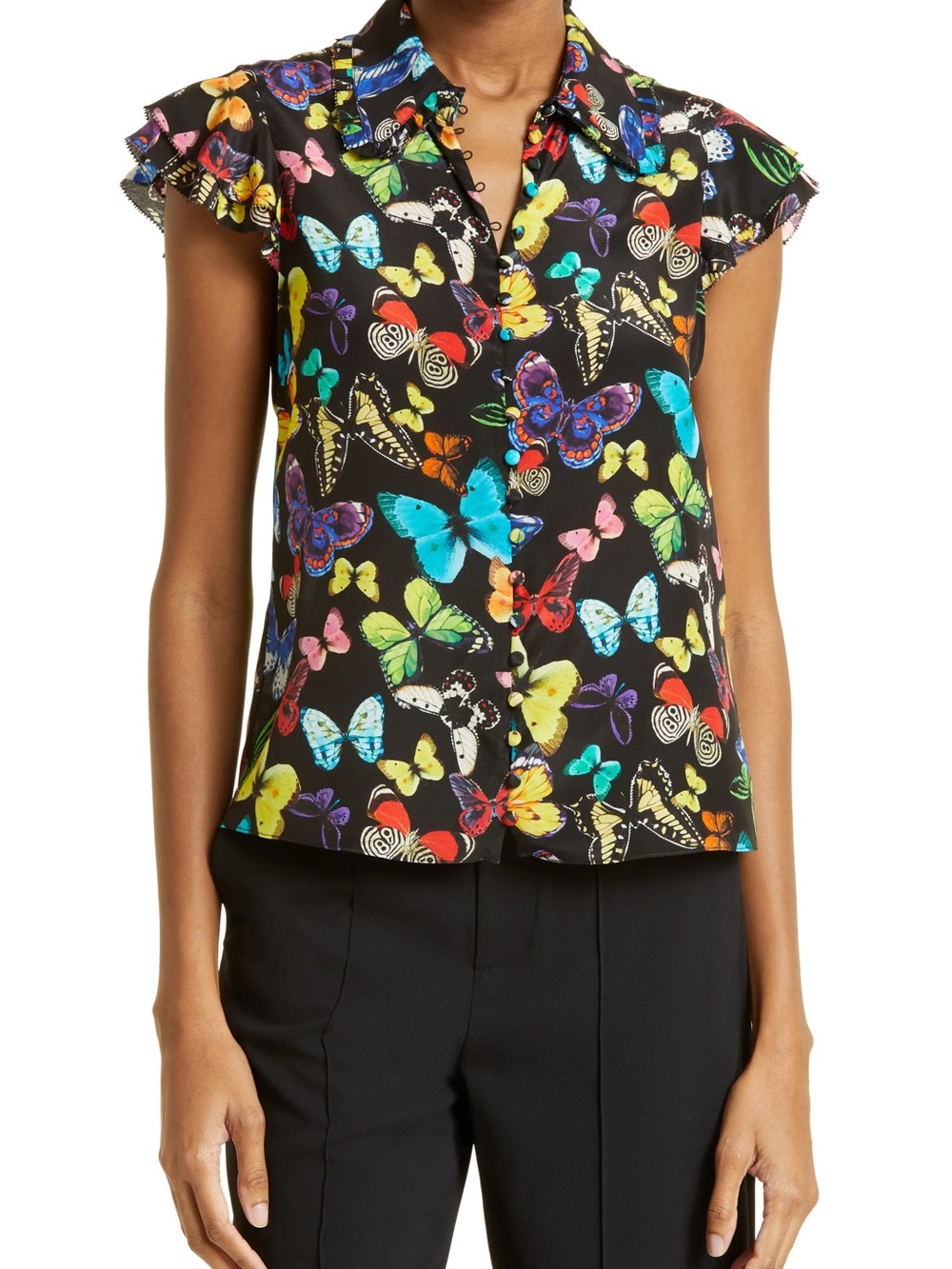 Alice + Olivia Black Butterfly-Print Cap Sleeve Blouse